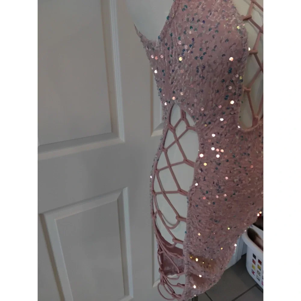 Pink Sequin Lace Up Cut Out Bodycon Mini Dress Club‎ Party